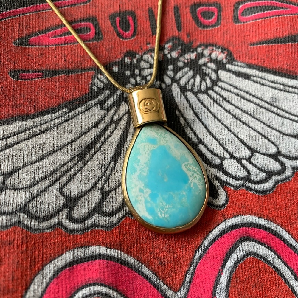 VINTAGE GUCCI GG TURQUOISE TEARDROP PENDANT NECKLACE - Picture 2 of 5
